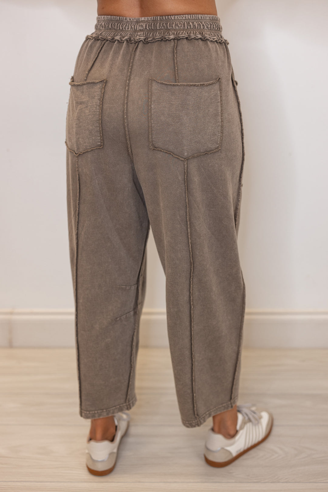 Women's mineral washed mocha french terry knit wide leg pants by Easel showing up close back view