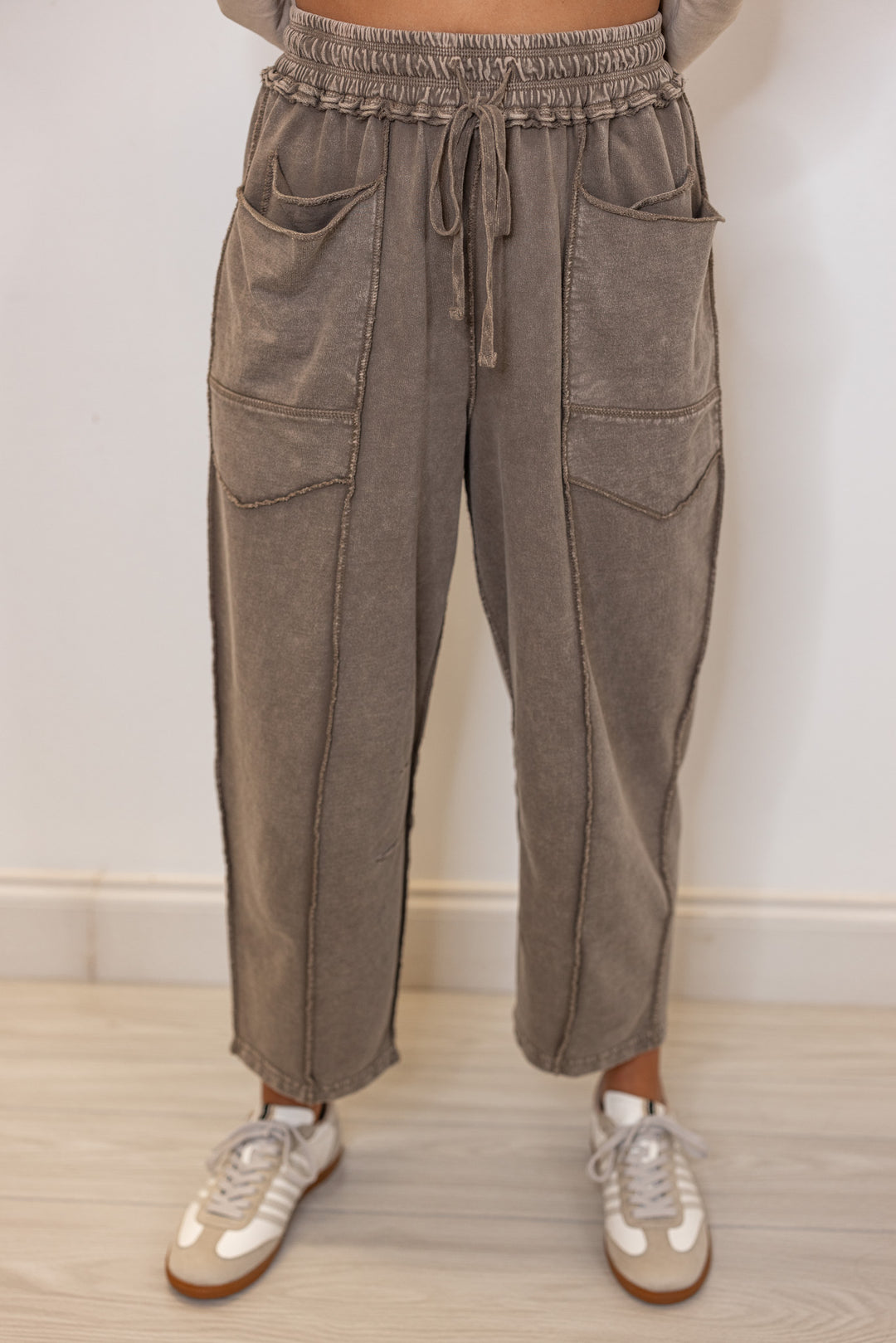 Women's mineral washed mocha french terry knit wide leg pants by Easel 