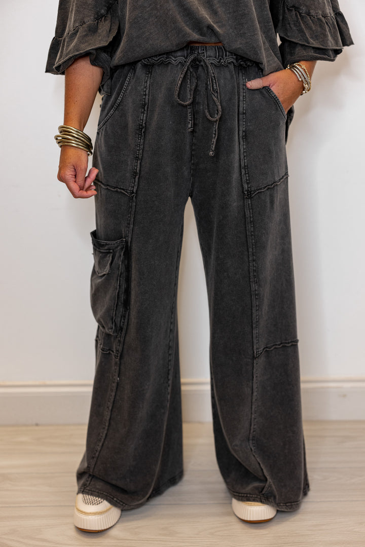 Women's mineral washed black terry knit exaggerated wide leg pants by Easel