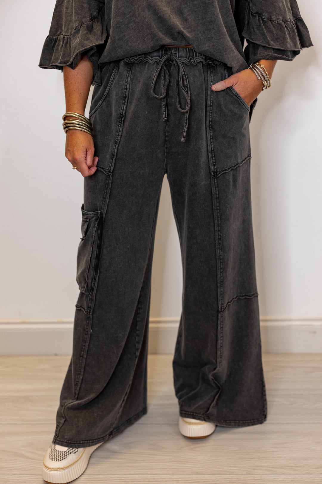 Women's mineral washed black terry knit exaggerated wide leg pants by Easel showing up close front view