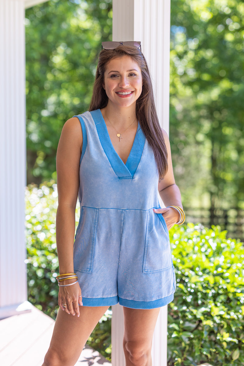 washed blue terry knit casual romper