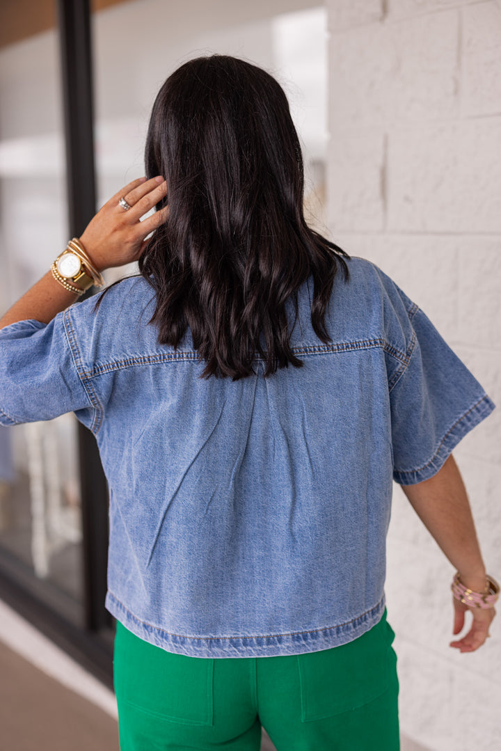 light wash lightweight denim button up short sleeve top back