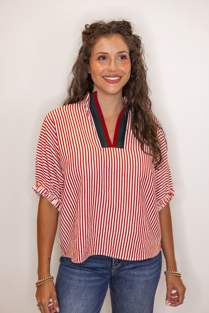 Women's brick red striped short sleeve top