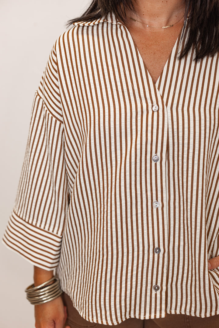Women's brown and ivory striped button up top