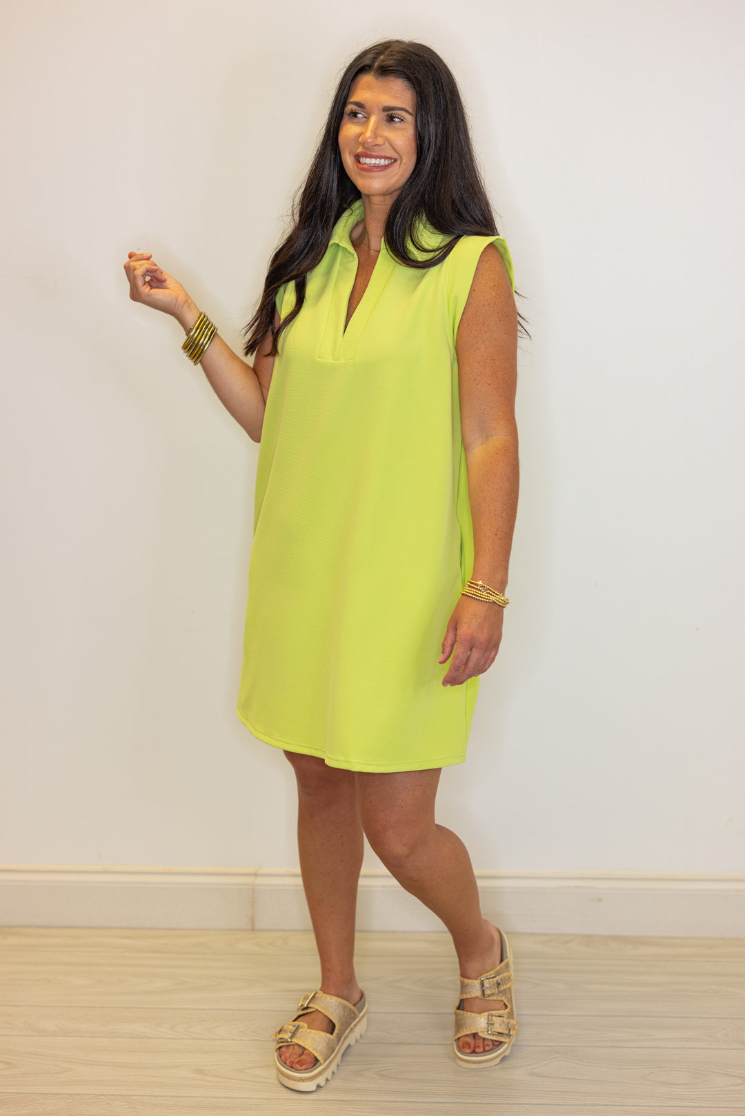 lime green ribbed knit shirt dress