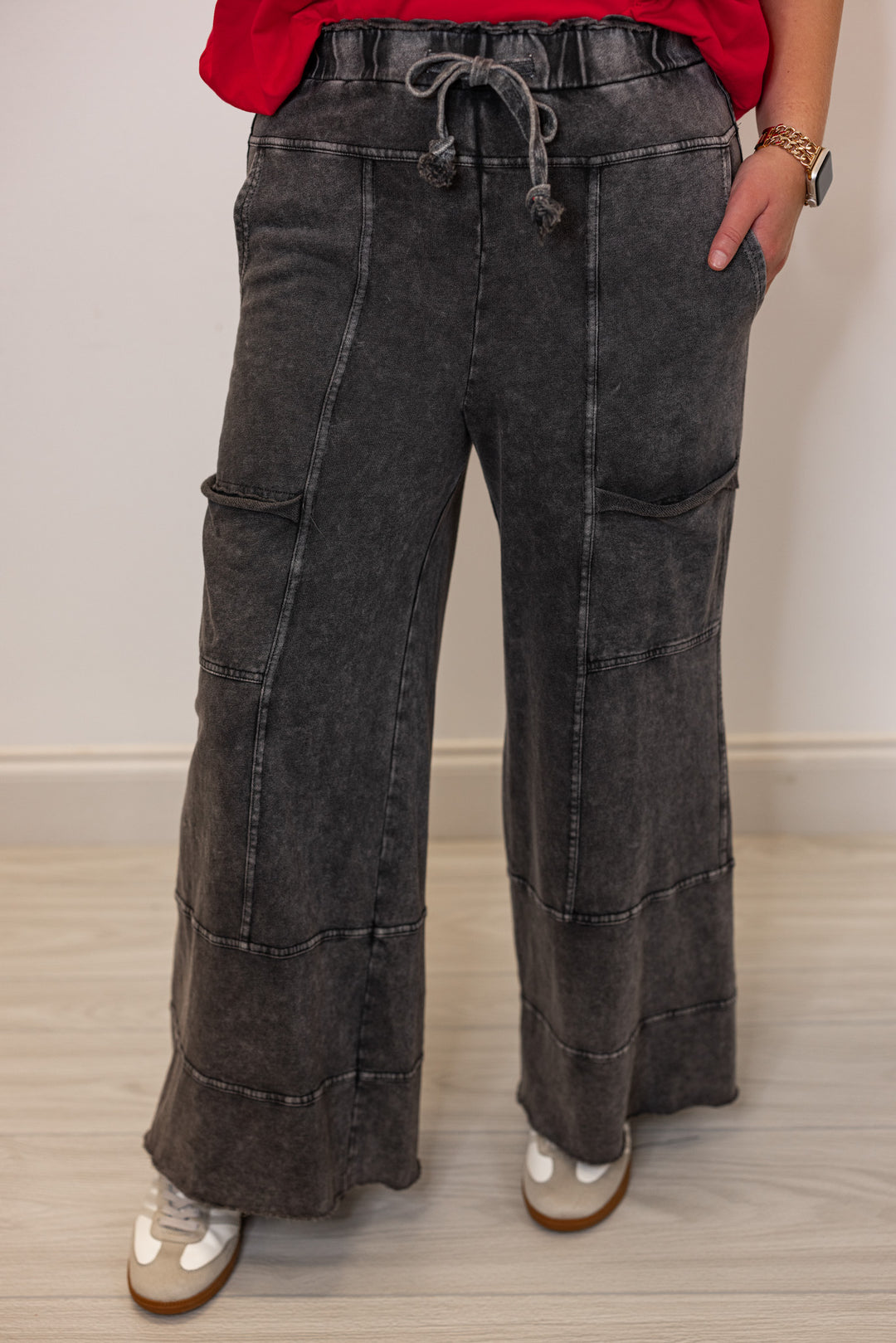 easel washed black wide leg cotton knit pants