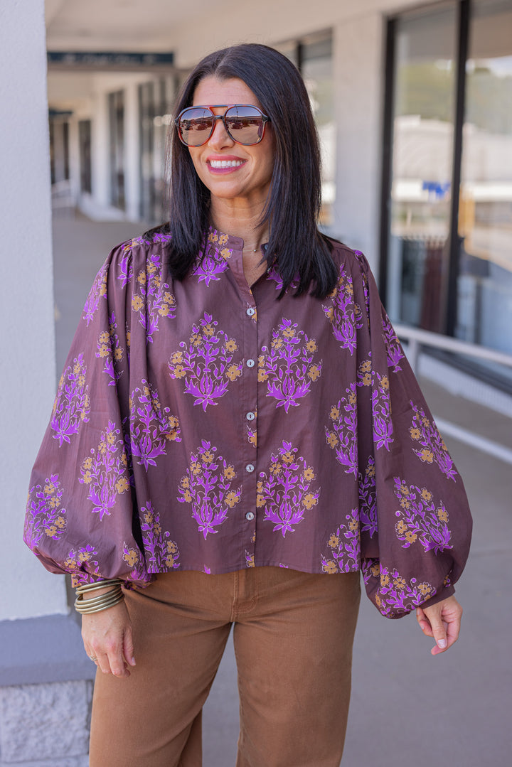 Women's chocolate brown button front poplin top with orange and purple florals by Entro