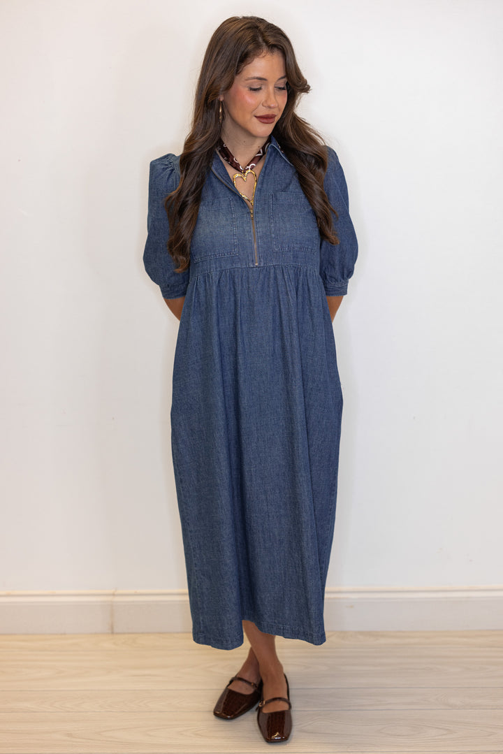 dark blue denim chambray long dress