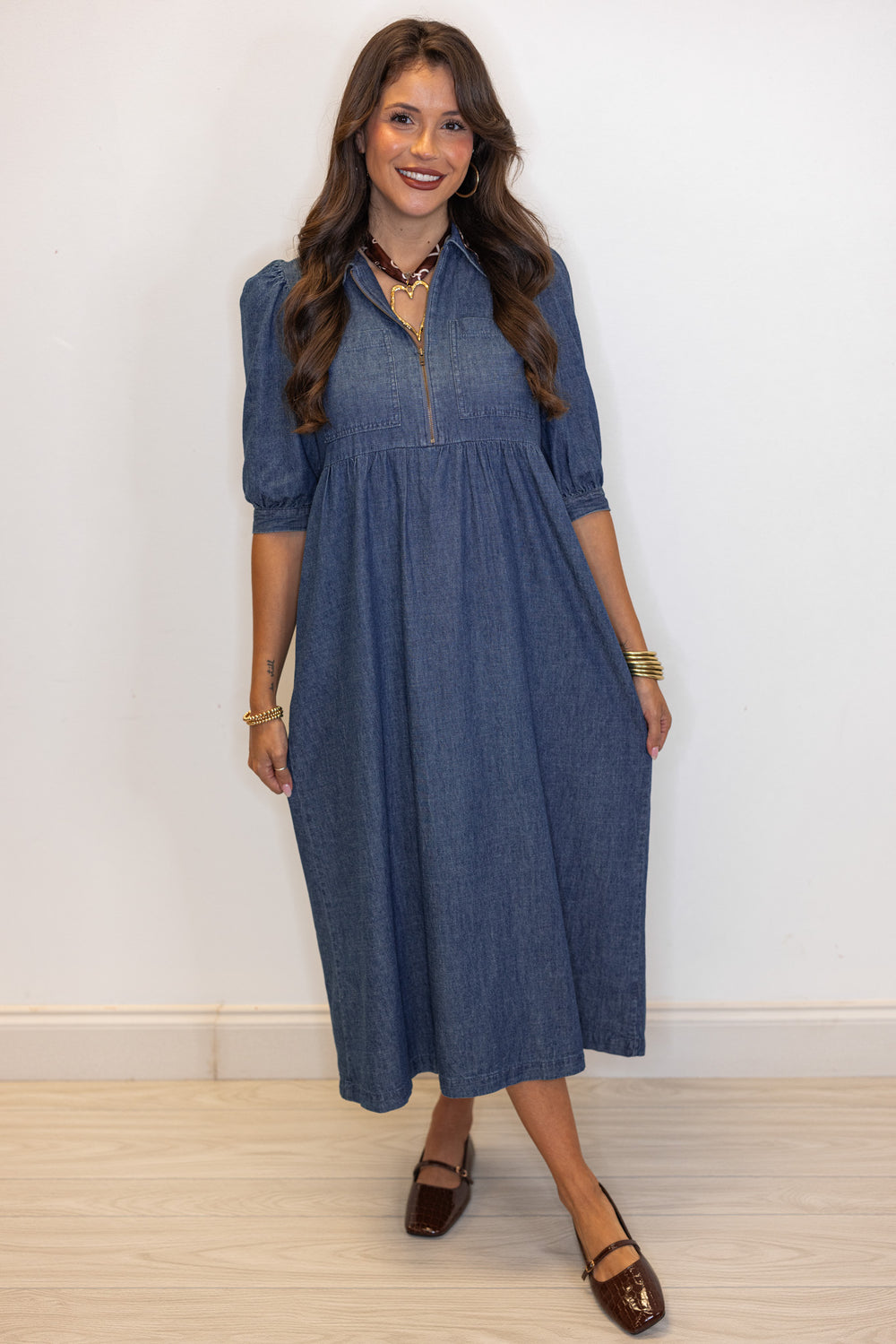 dark denim chambray midi dress