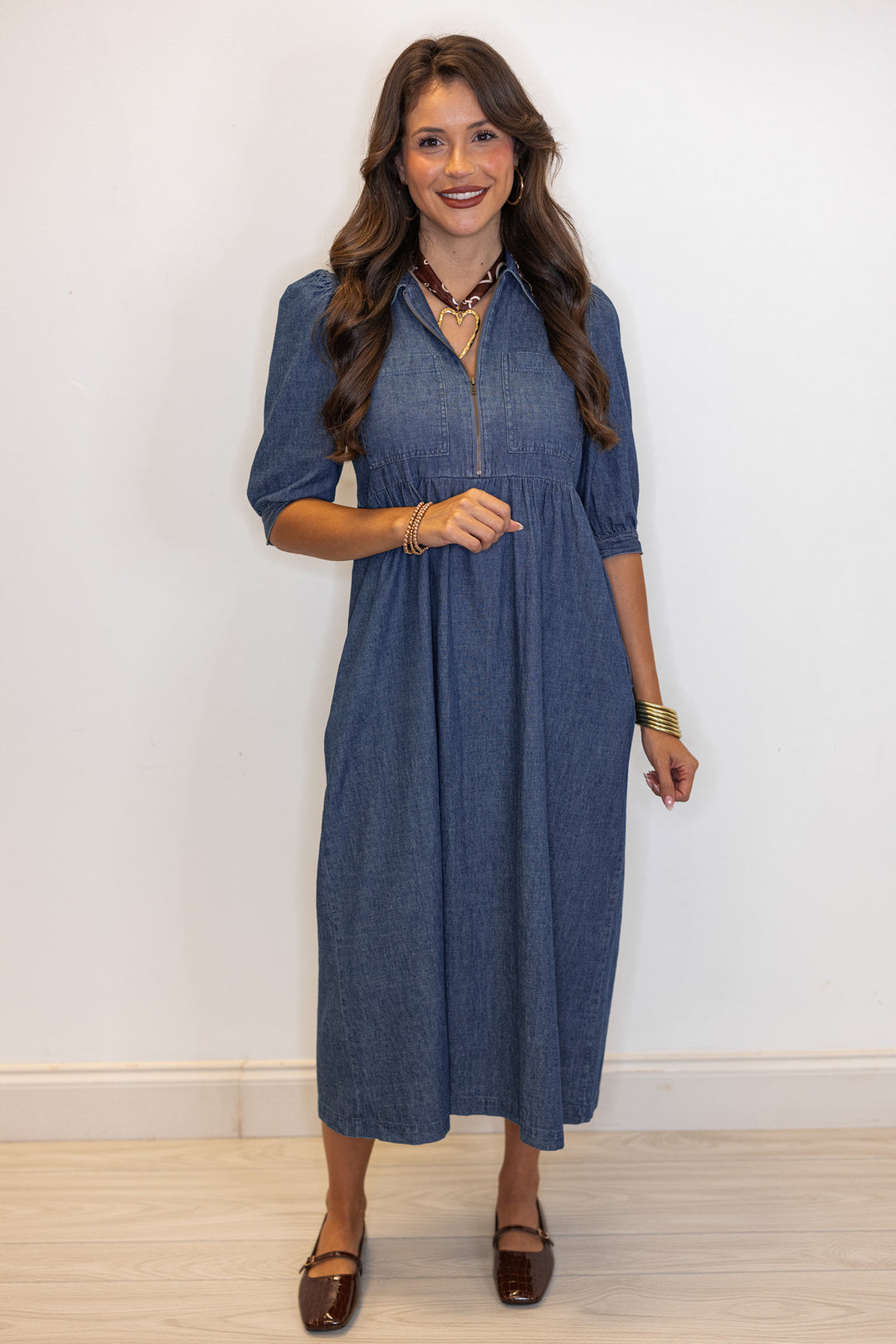dark blue chambray midi dress