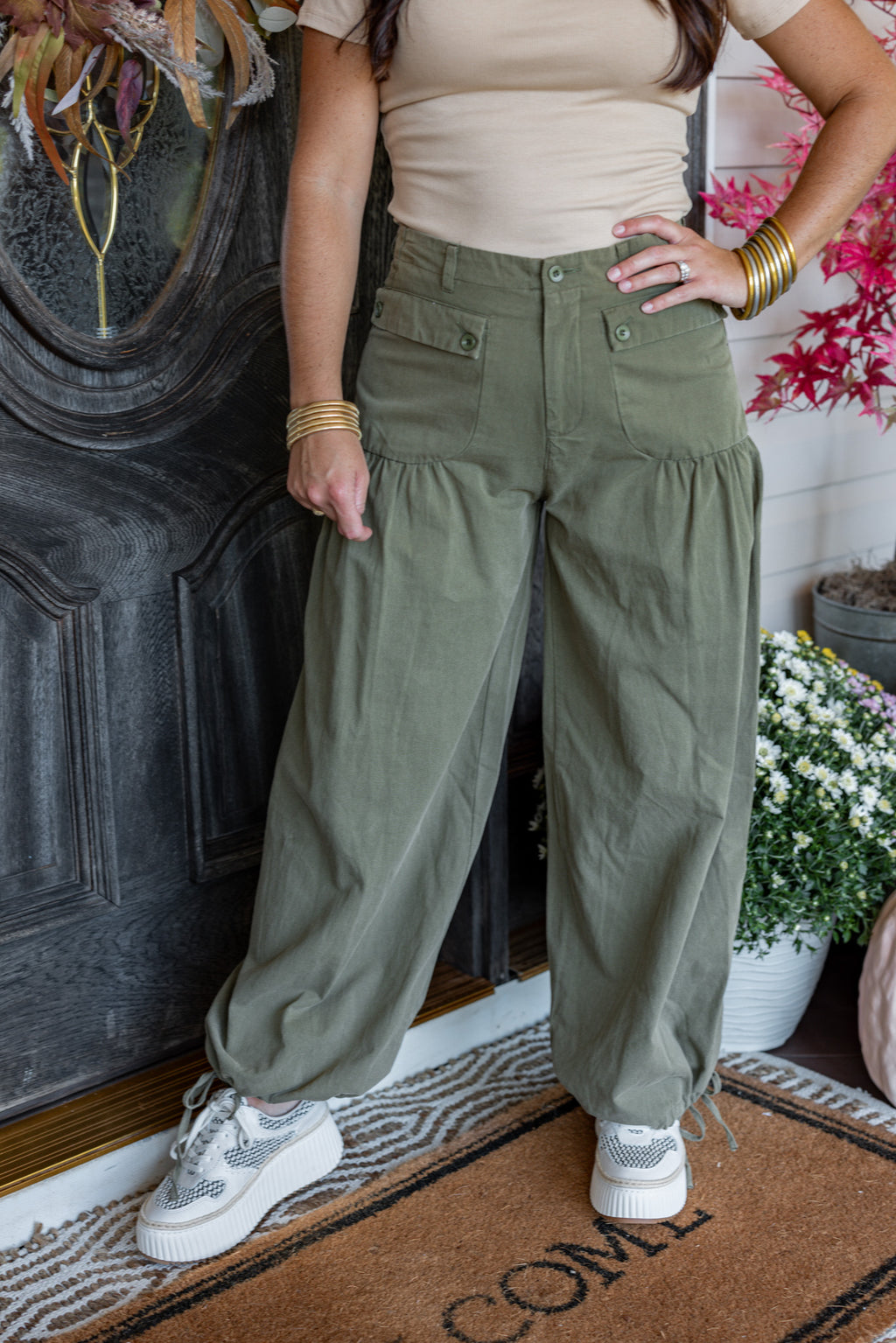 trendy olive denim jogger pants