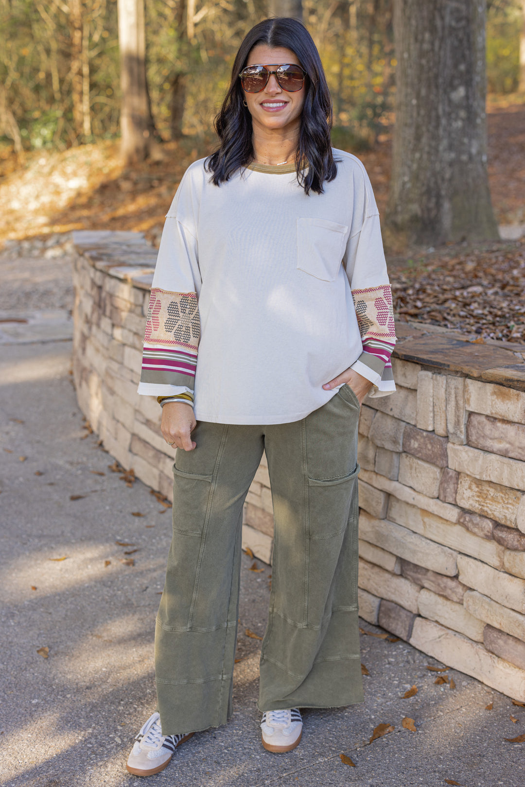 Women's French terry knit wide leg pants olive by Easel showing full front  view