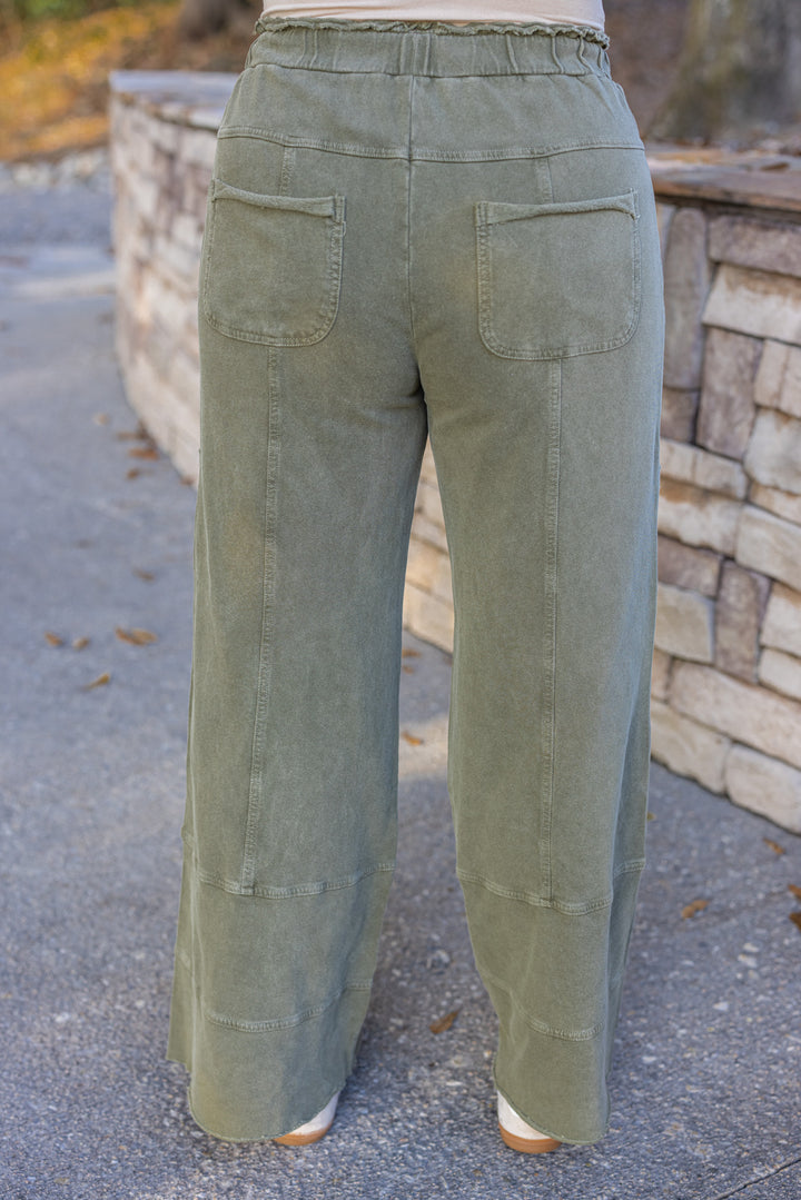 Women's French terry knit wide leg pants olive by Easel showing up close back view