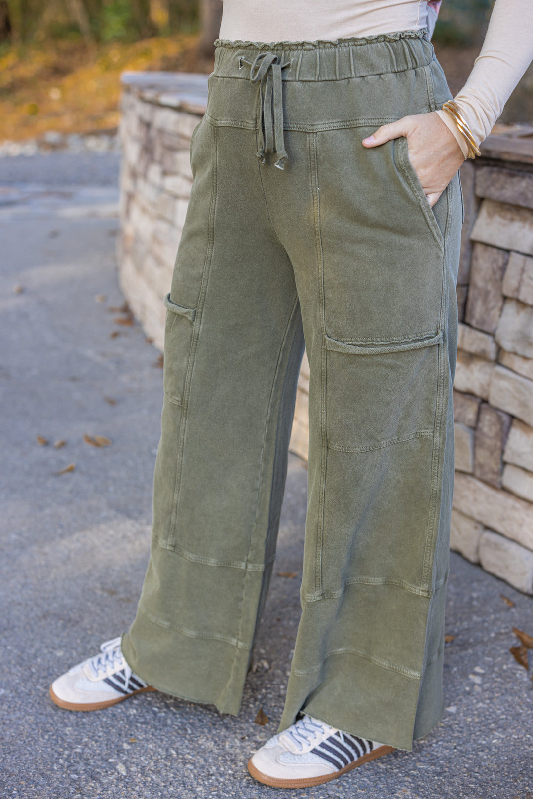 Women's French terry knit wide leg pants olive by Easel showing slight side view