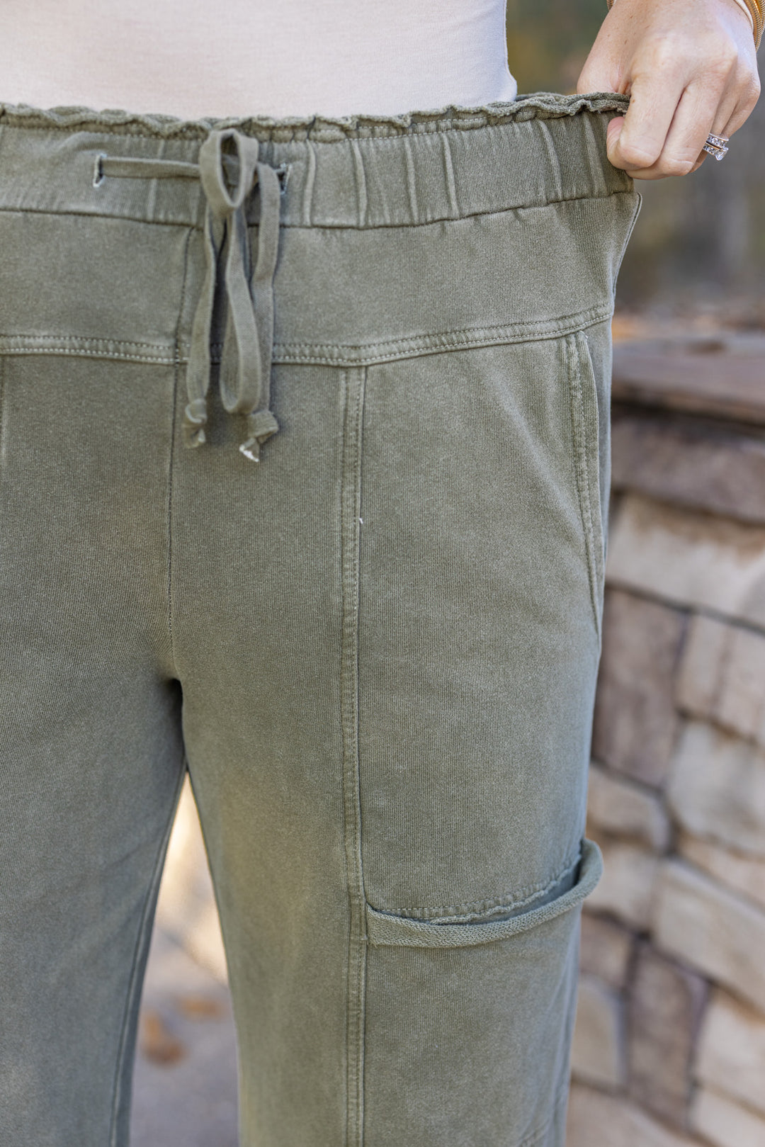 Women's French terry knit wide leg pants olive by Easel showing elastic waistband with drawstring