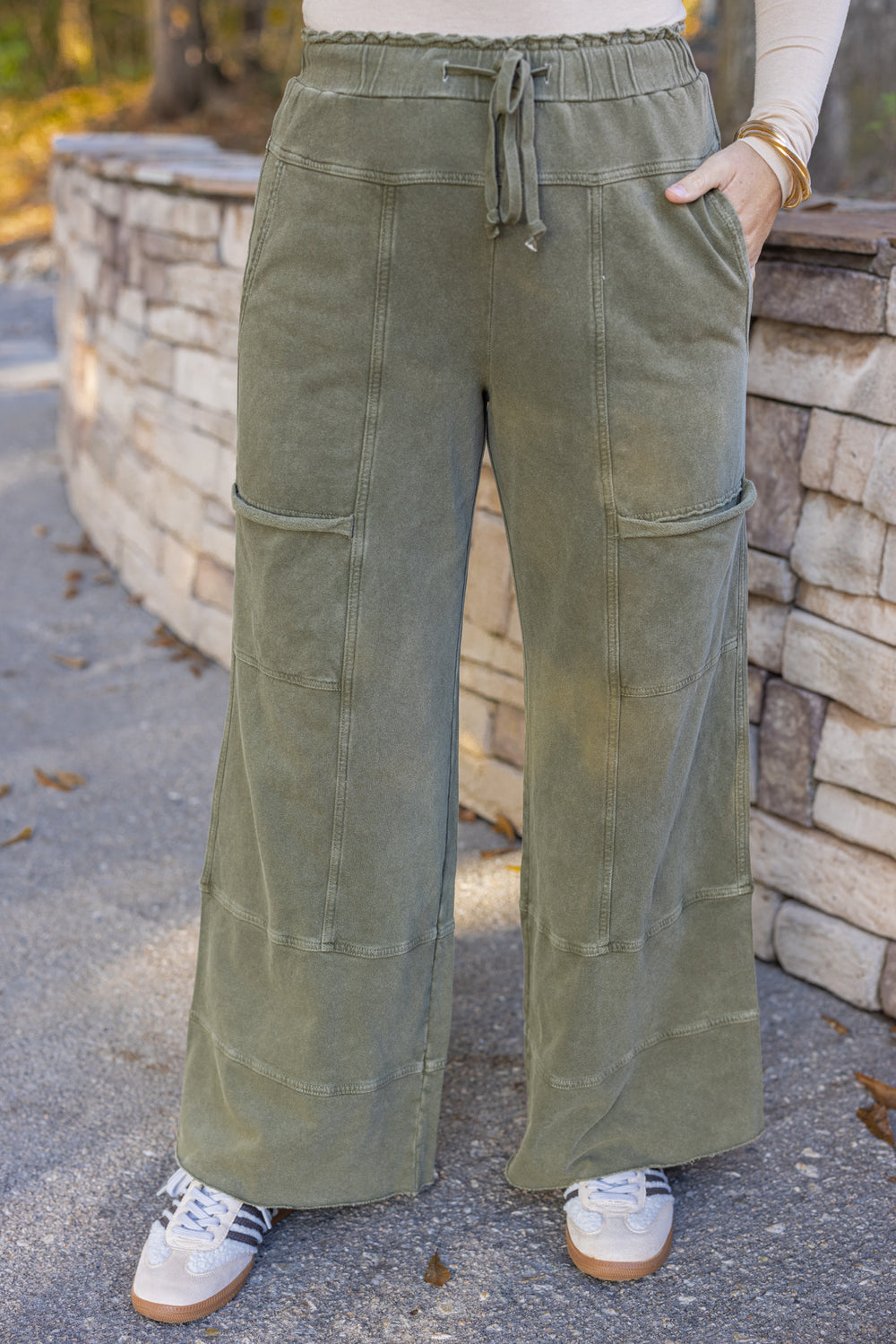 Women&#39;s French terry knit wide leg pants olive by Easel showing up close front view