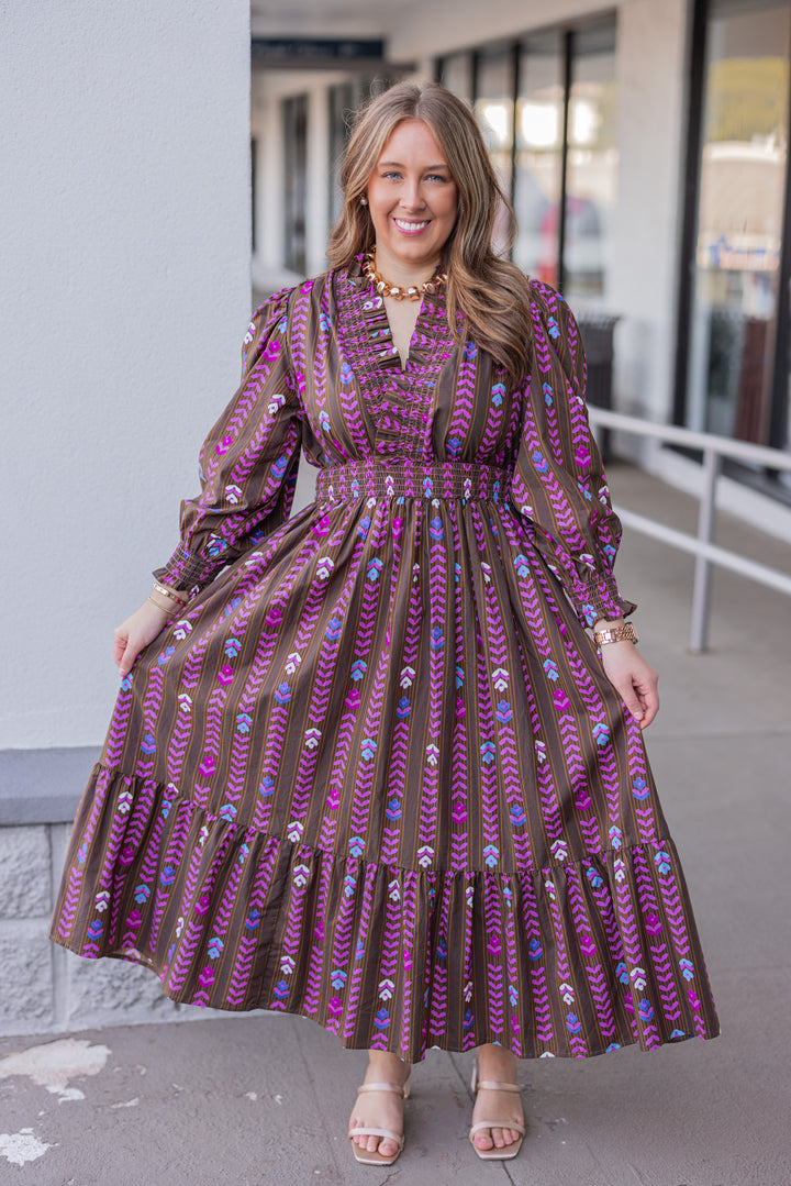 Women's brown ruffle trimmed midi dress with pink multicolor petal print by Umgee showing relaxed silouhette