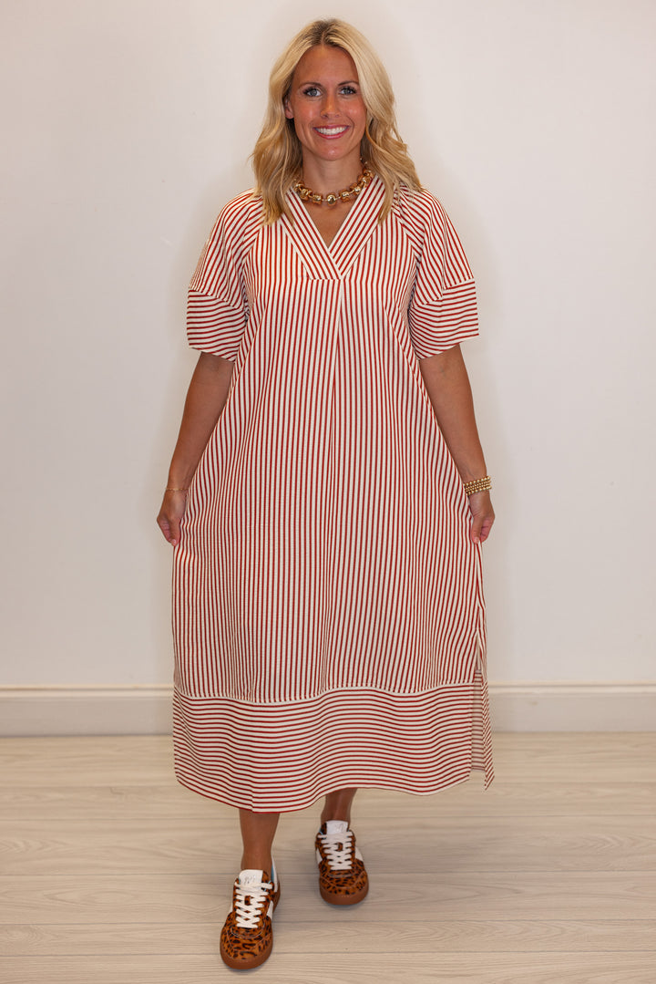 Women's trendy rust and ivory striped midi dress by Entro