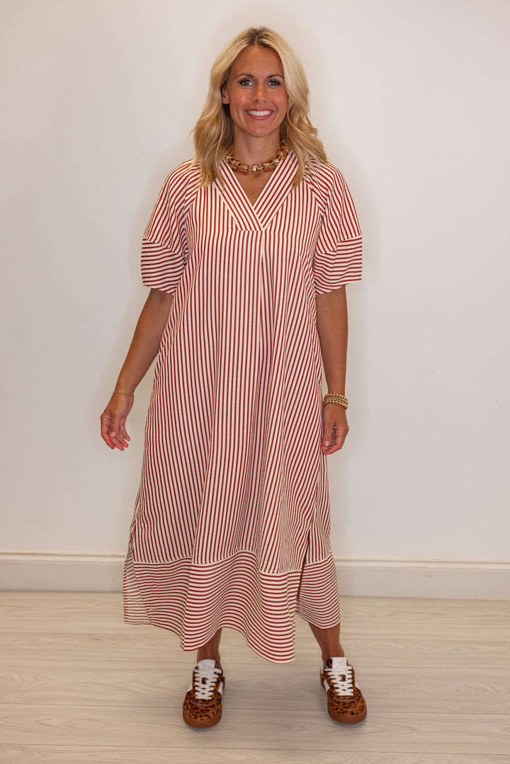 Women's rust and ivory striped midi dress by Entro