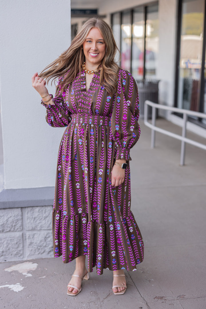 Women's brown ruffle trimmed midi dress with pink multicolor petal print by Umgee