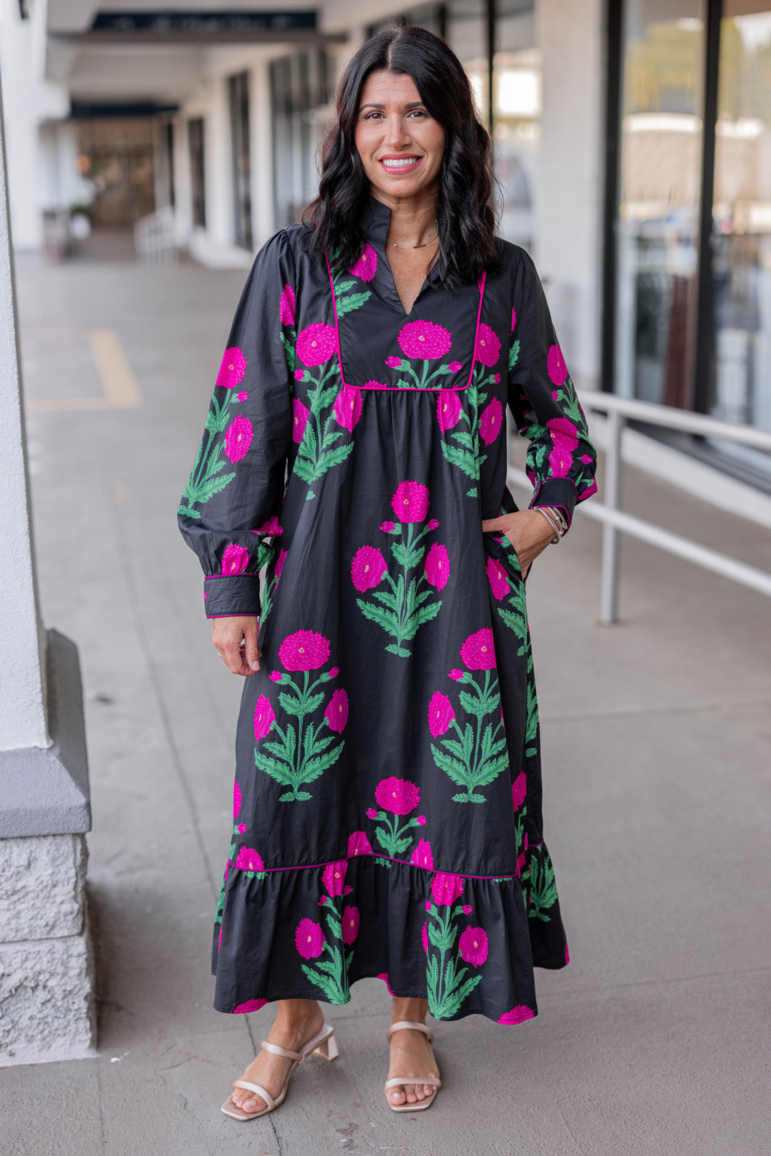 Women's black midi dress with hot pink floral print and hot pink piping trim by Jodifl