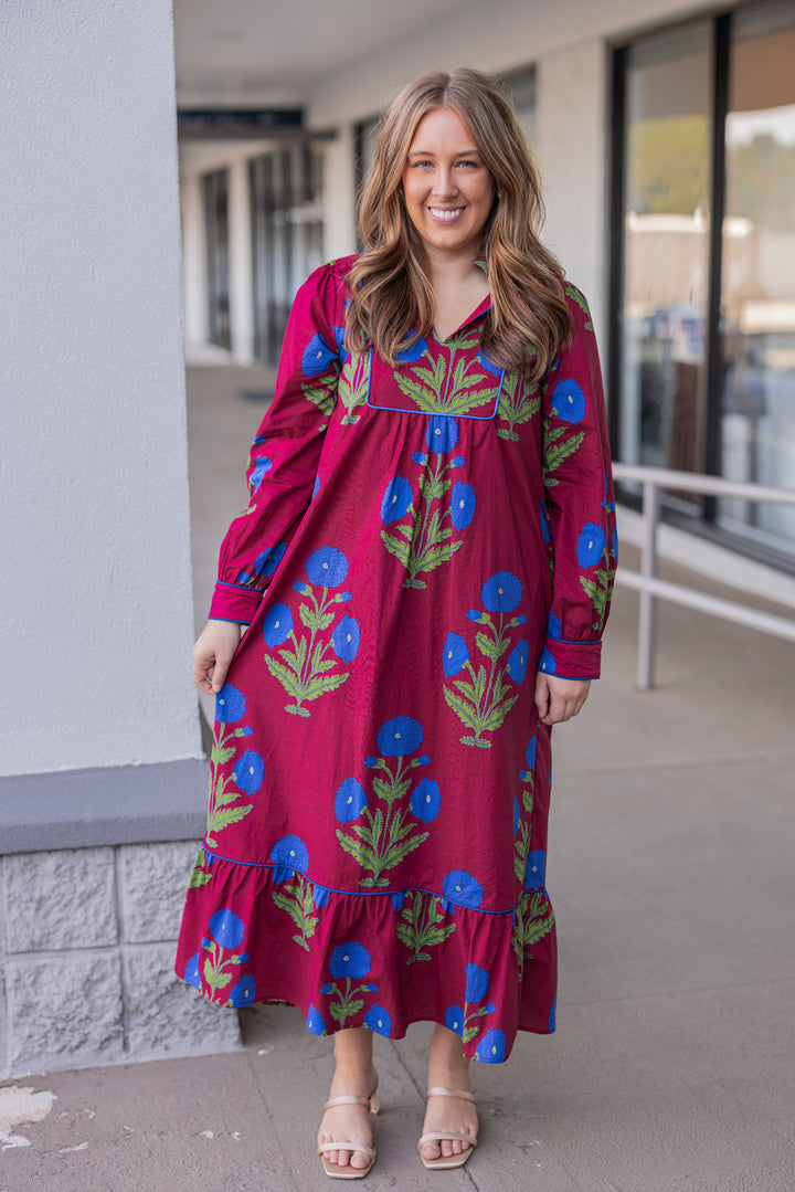 Women's burgundy midi dress with dark blue floral print and dark blue piping trim by Jodifl, perfect for teachers