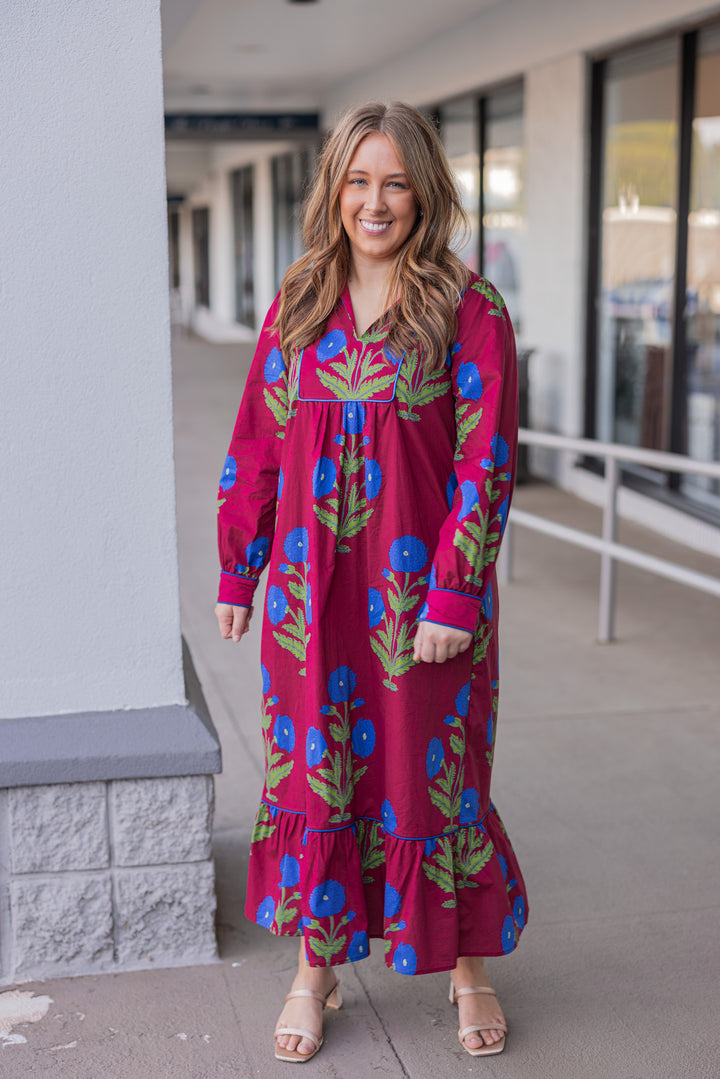 Women's burgundy midi dress with dark blue floral print and dark blue piping trim by Jodifl