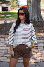 ivory brown striped drop shoulder basic top