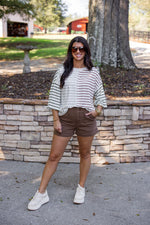 ivory brown striped drop shoulder basic top