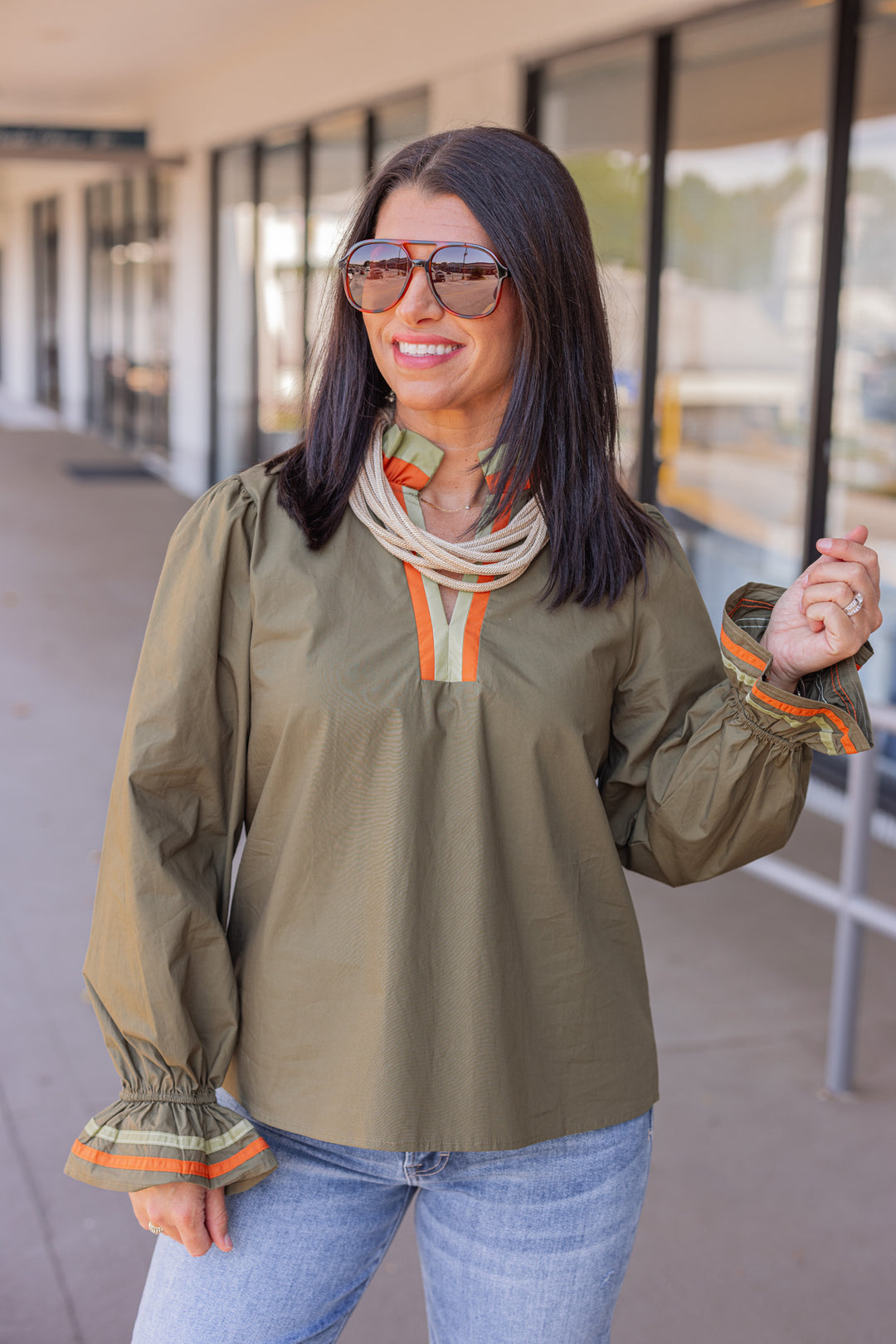 Women's olive poplin top with orange and light olive trim by Jodifl
