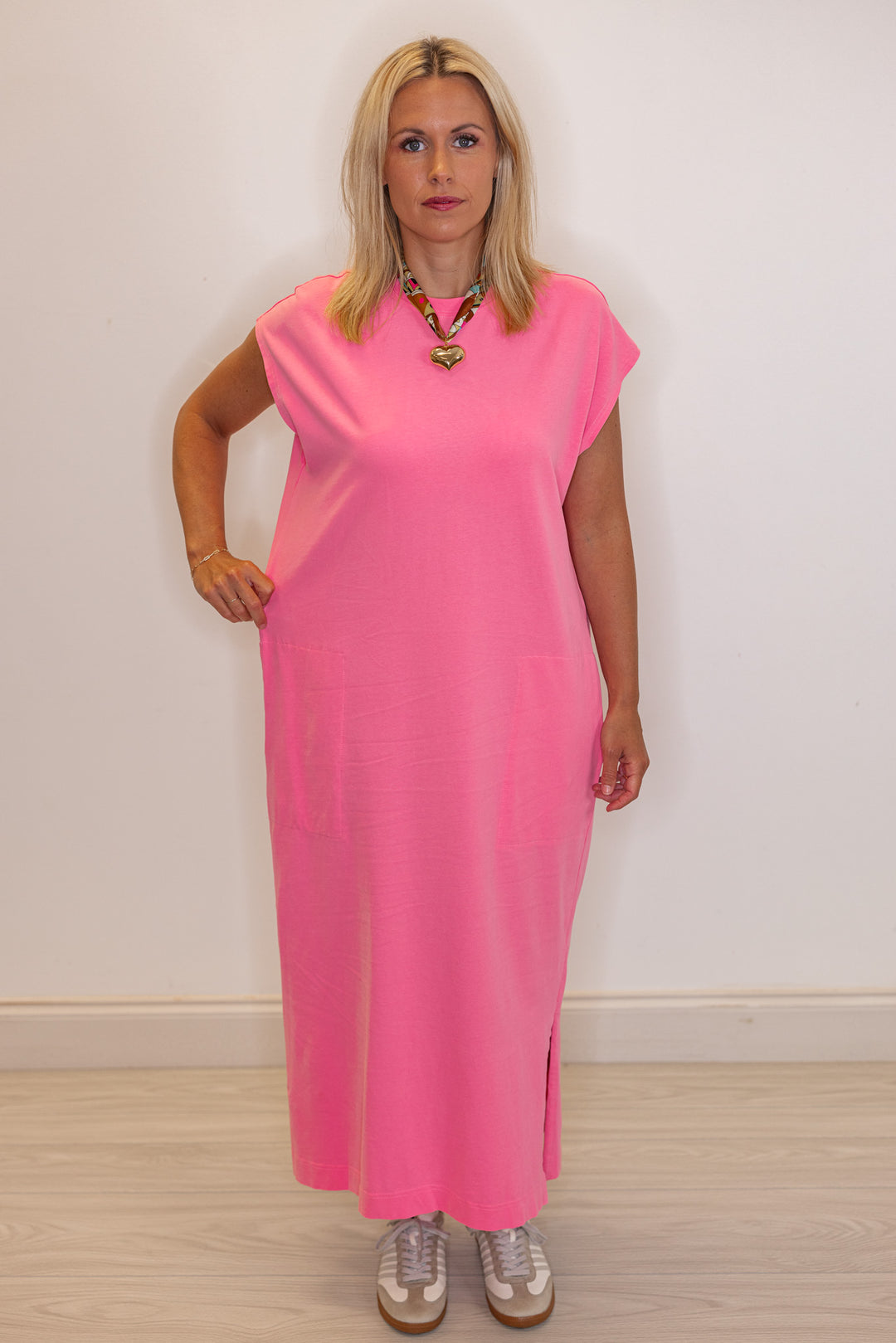 Women's hibiscus pink t-shirt style maxi dress by Wishlist showing easy to wear fit