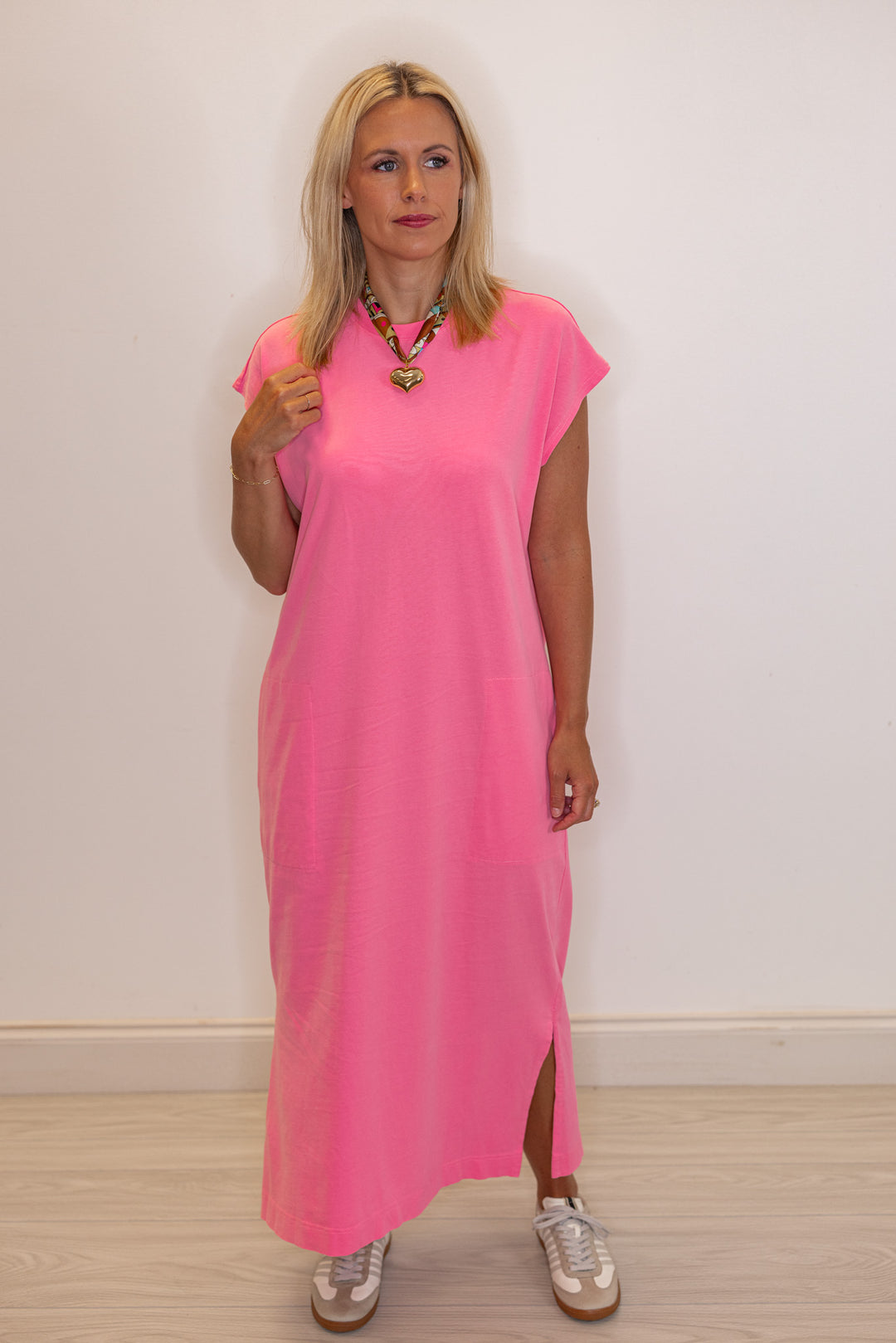 Women's hibiscus pink t-shirt style maxi dress by Wishlist showing full front view