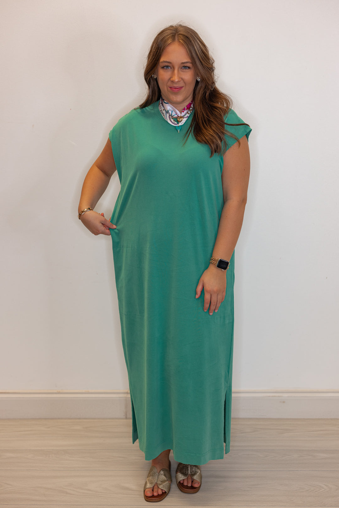 Women's pistachio green t-shirt style maxi dress by Wishlist showing easy to wear fit