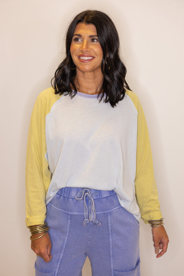 Women's light blue and dijon yellow colorblock knit top by Easel