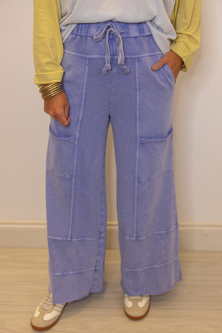 Women's French terry knit wide leg pants in mineral washed misty blue by Easel