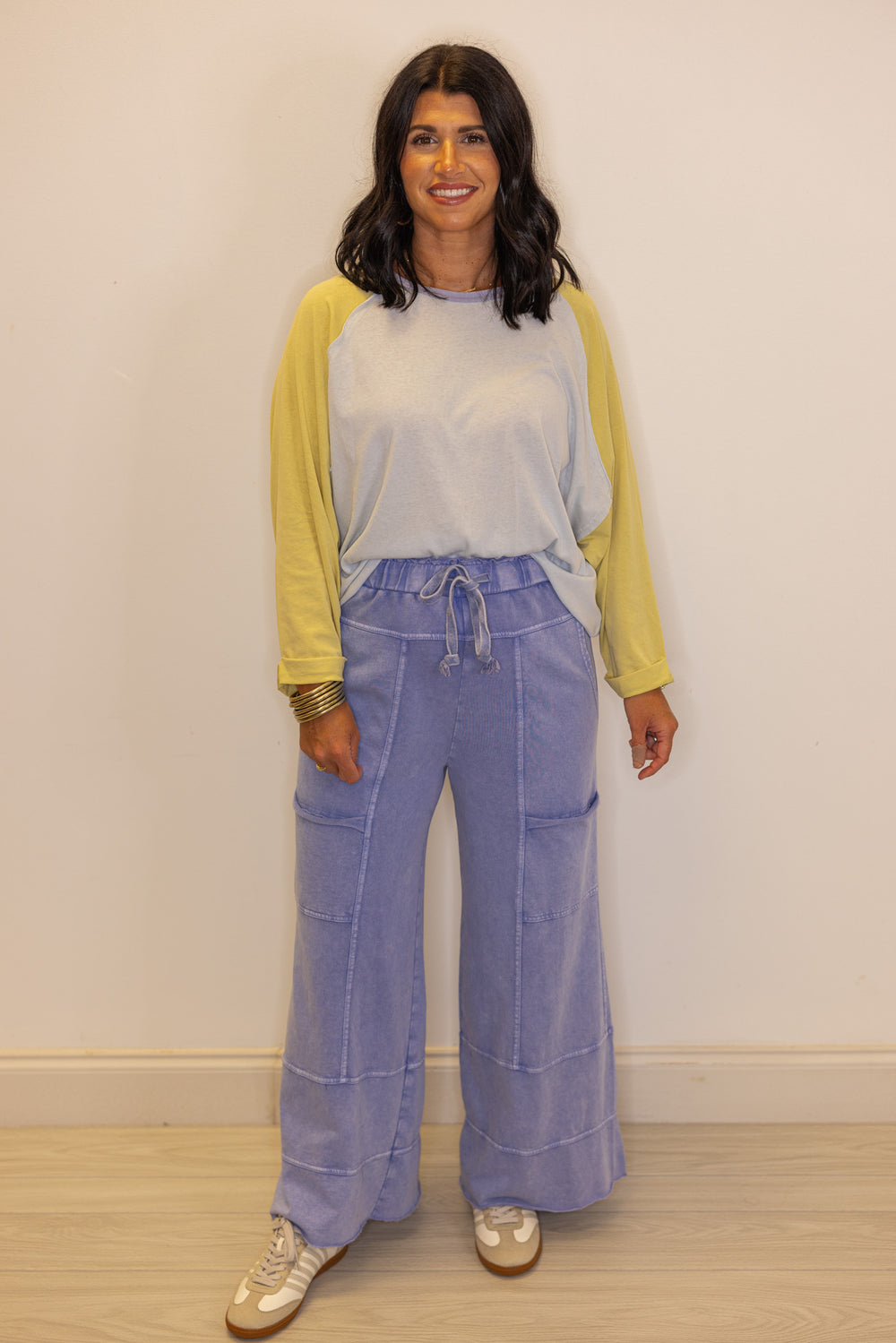 Women's French terry knit wide leg pants in mineral washed misty blue by Easel showing full front view