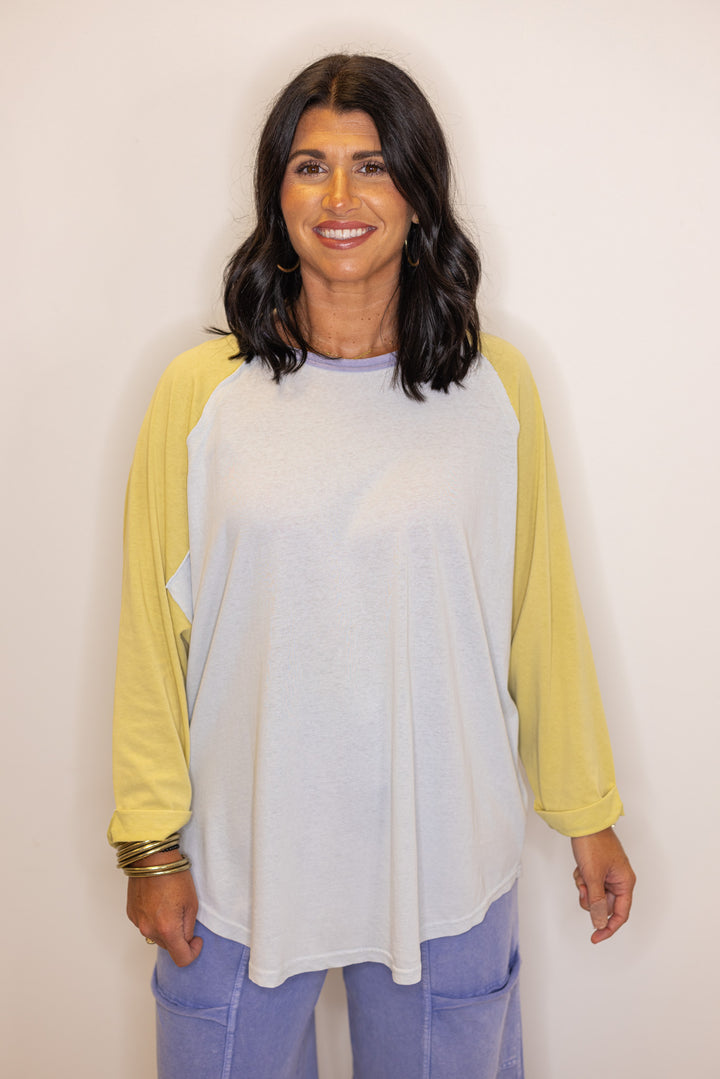 Women's light blue and dijon yellow colorblock knit top by Easel showing up close front view