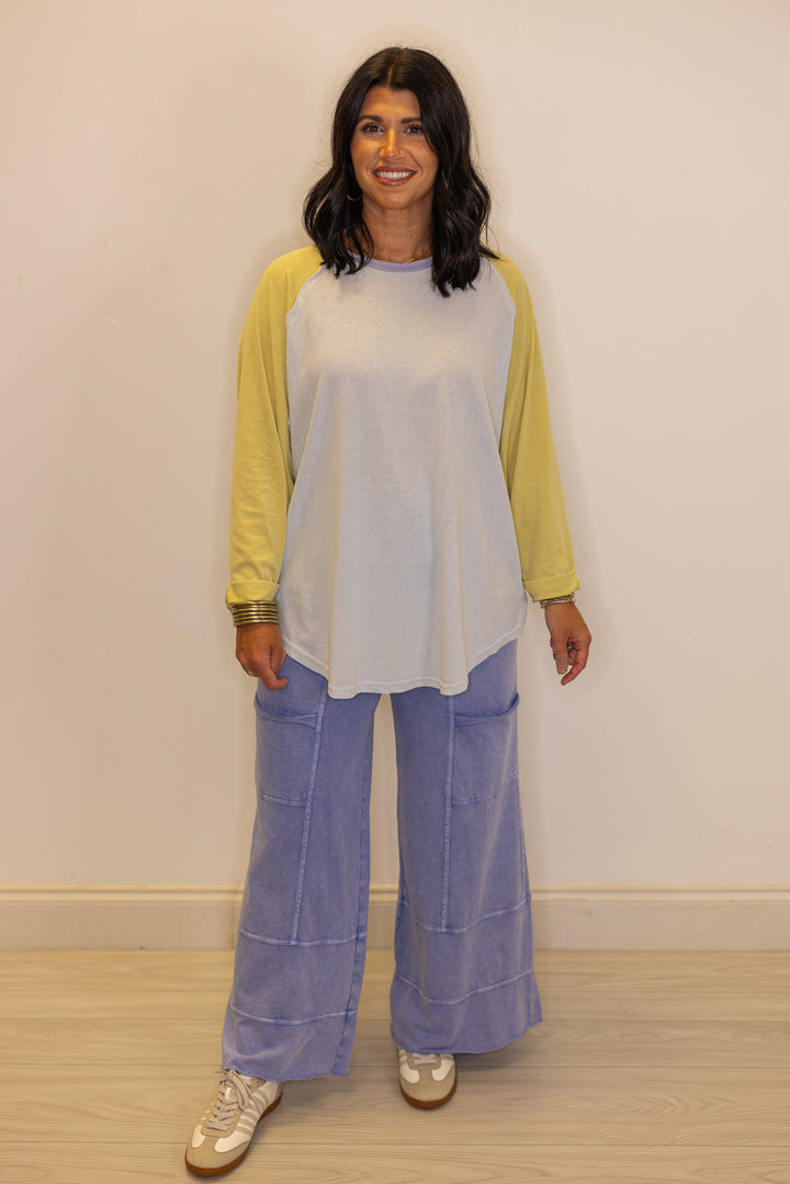 Women's trendy light blue and dijon yellow colorblock knit top by Easel, perfect for fall