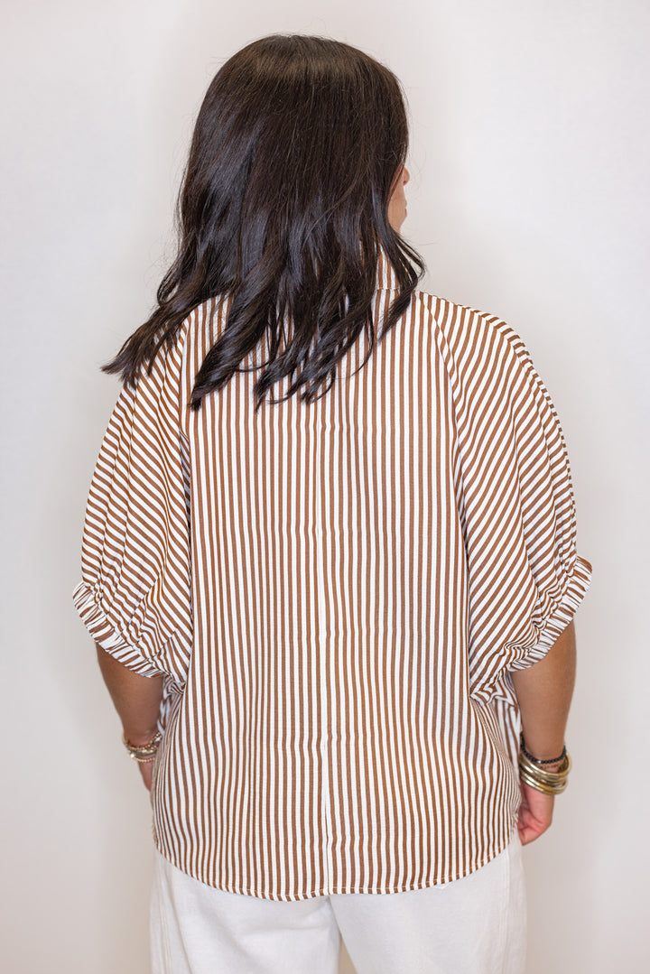 Women's caramel and ivory striped dolman top by Entro showing back view