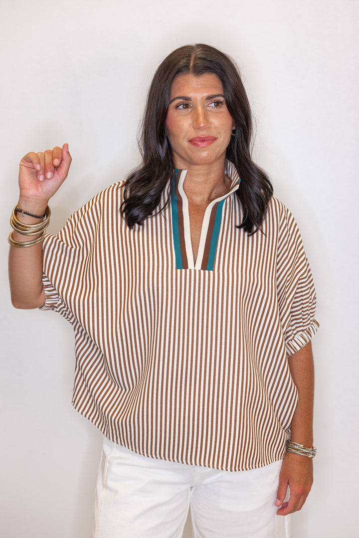 Women's caramel and ivory striped dolman top by Entro showing relaxed fit