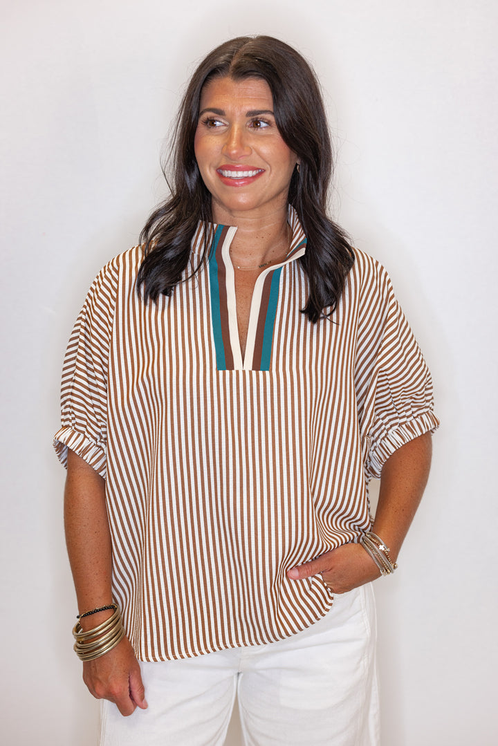 Women's caramel and ivory striped dolman top by Entro