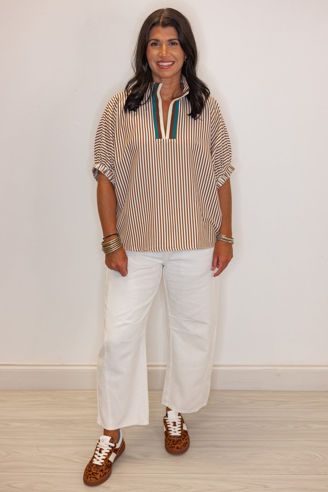 Women's caramel and ivory striped dolman top by Entro