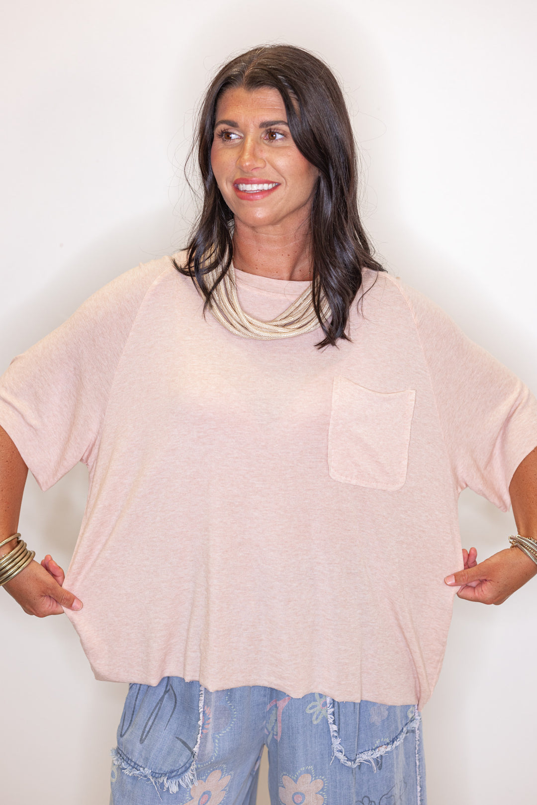 Women's baby pink stone washed jersey knit top by POL showing relaxed fit