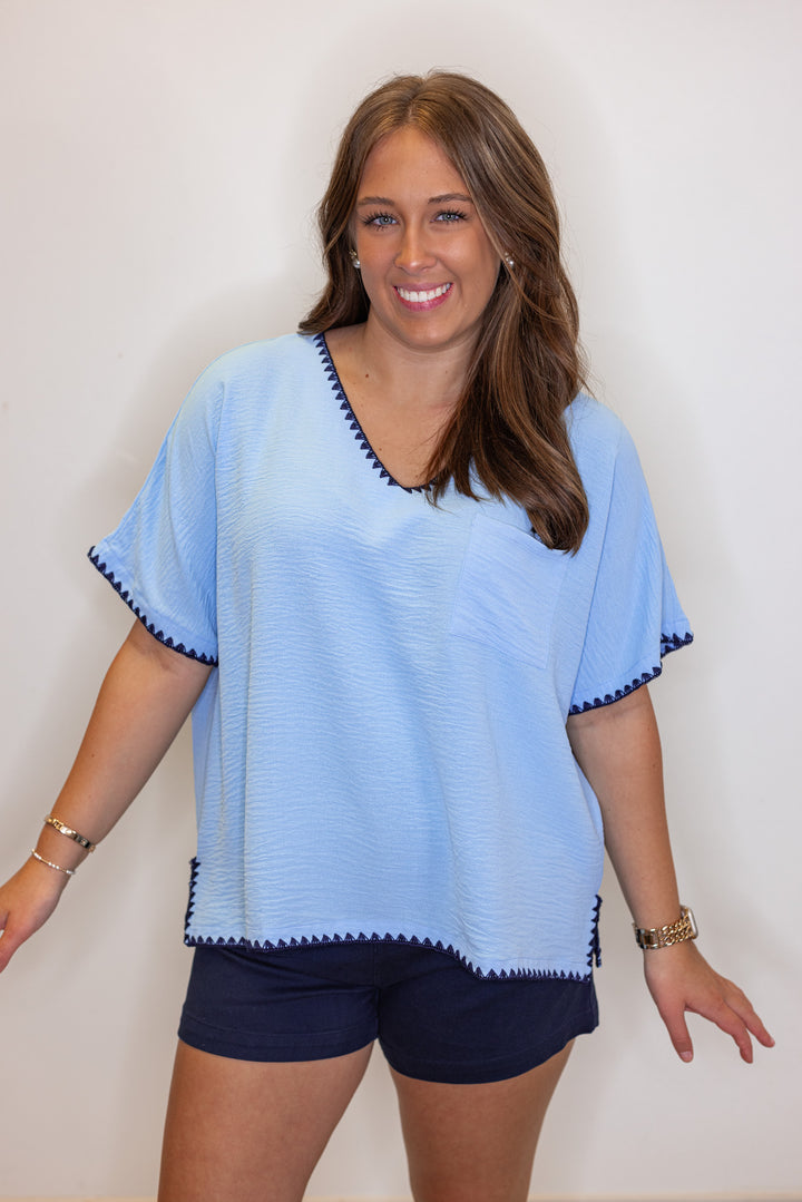 Sky blue lightweight crinkle top with embroidery stitching trim by Jodifl