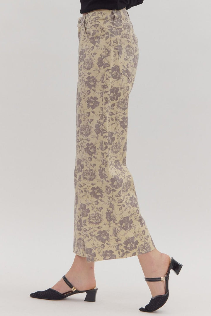 Women's ecru twill denim wide leg pants with washed lavender floral print showing side view