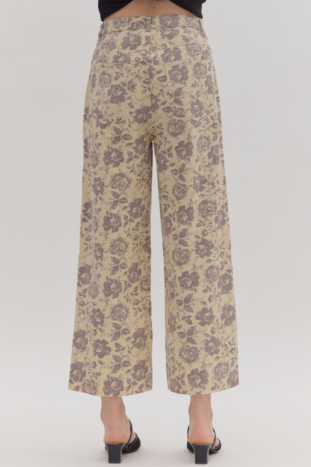 Women's ecru twill denim wide leg pants with washed lavender floral print showing back view