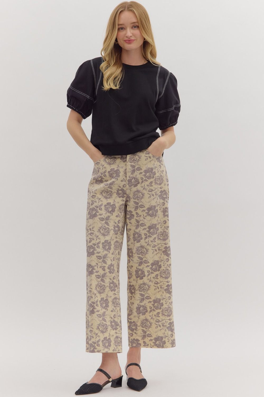 Women's ecru twill denim wide leg pants with washed lavender floral print by Entro showing full front view