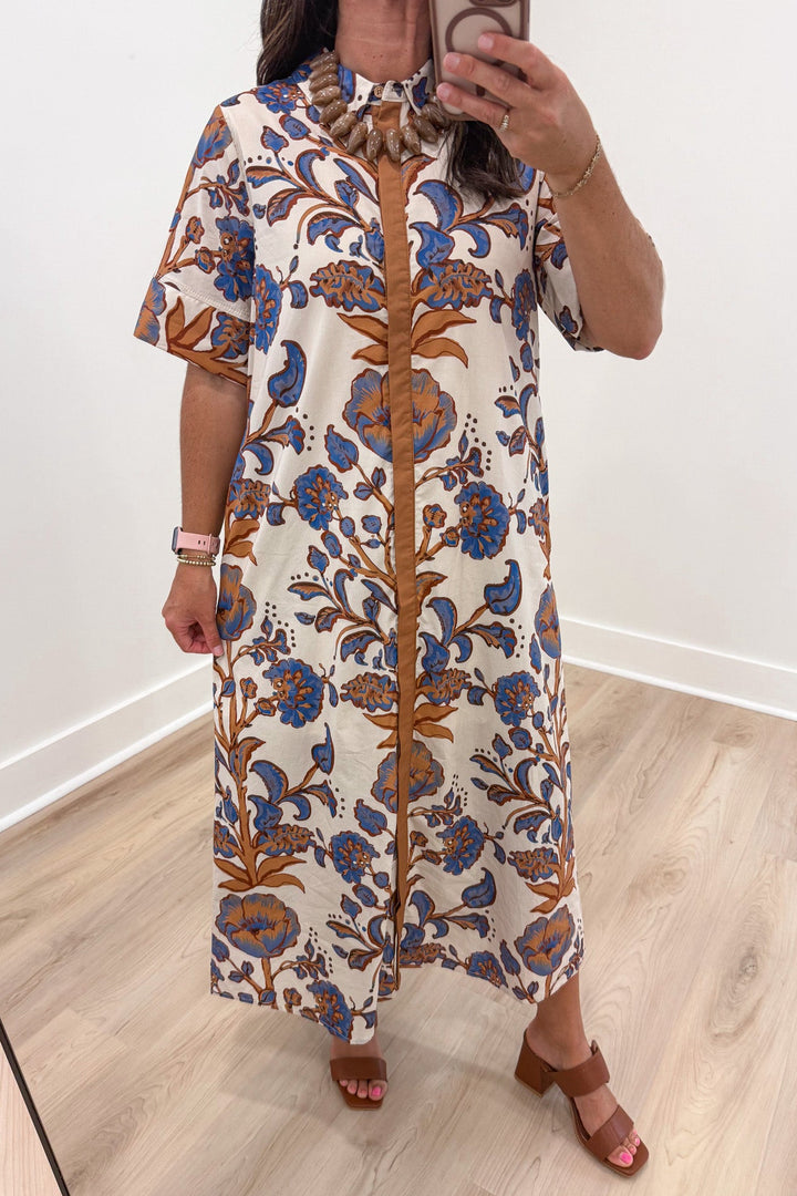 ecru with blue and tan floral print short sleeve collared neckline button front midi dress