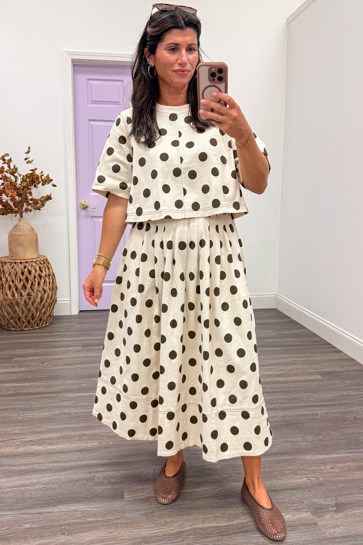 ecru with brown polka dot print short sleeve cropped twill denim top with reverse seam details