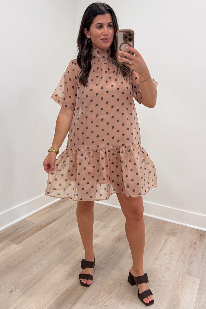 ecru with brown polka dot print short sleeve mock neck ruffled bottom hem mini dress